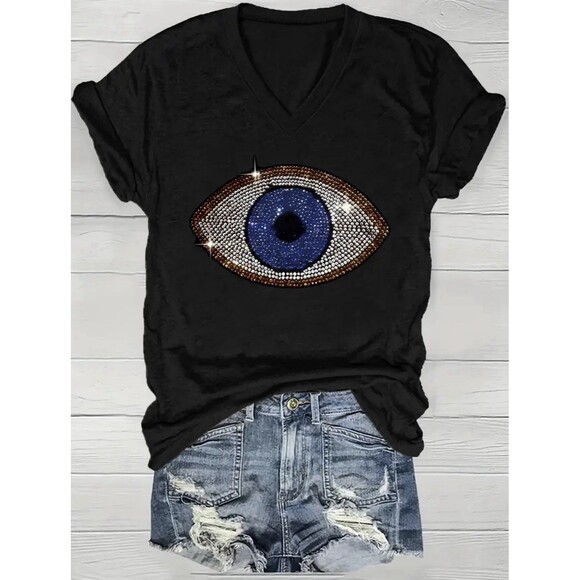 Women's T-Shirt 2D Print Evil Eye No Reinstones Short Sleeve Medium Size - Picture 6 of 13